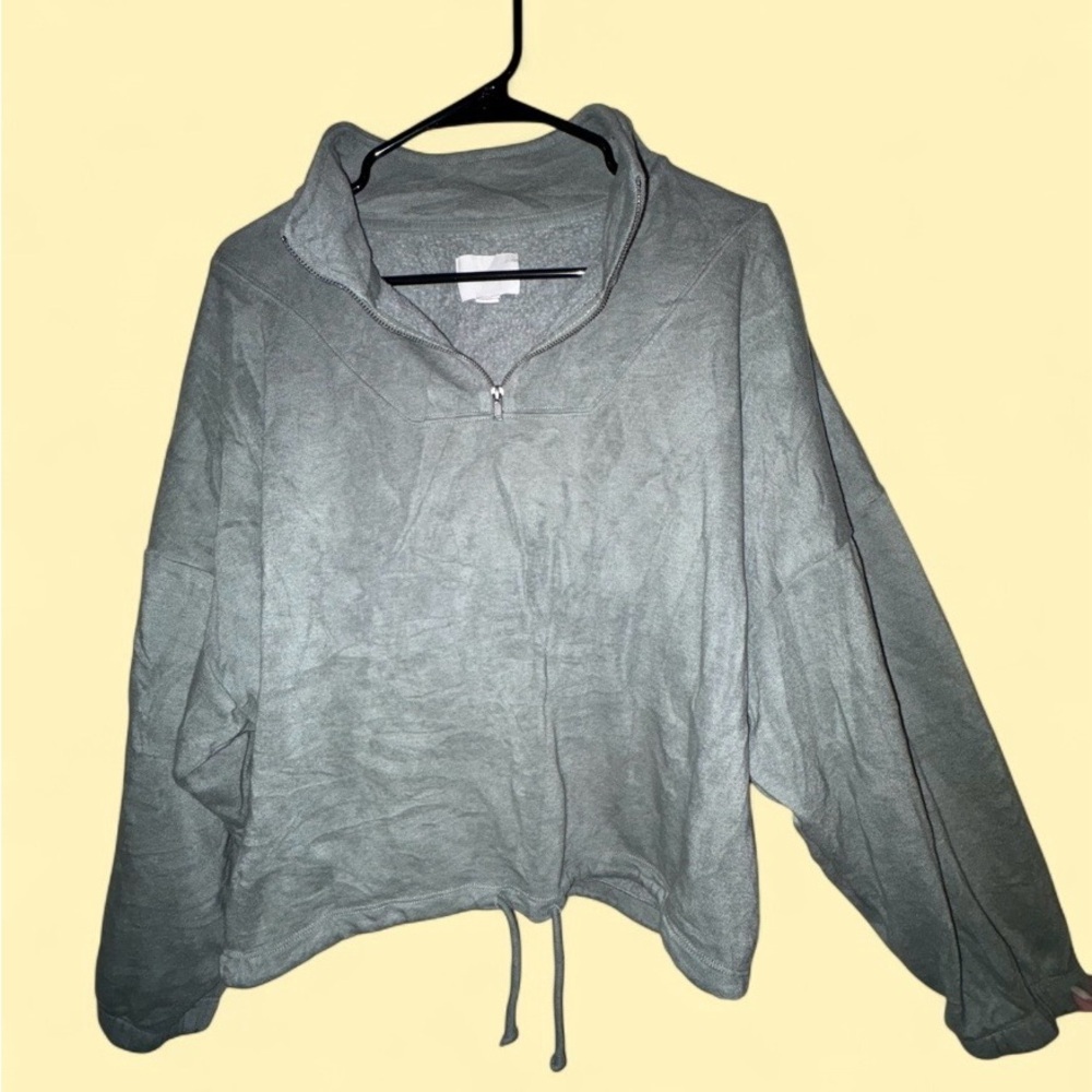 American Eagle Cropped Quarter Zip Pullover Sweatshirt Sage Green - Size Medium
